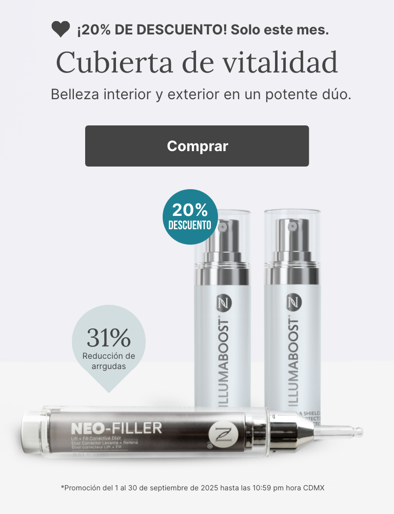 A promotional banner for a combo of Neora’s Neo-FILLER and NeoraFit Slim + Skin. Featured is text reading ”20% OFF this month only.” and a “Shop Now” button underneath it.